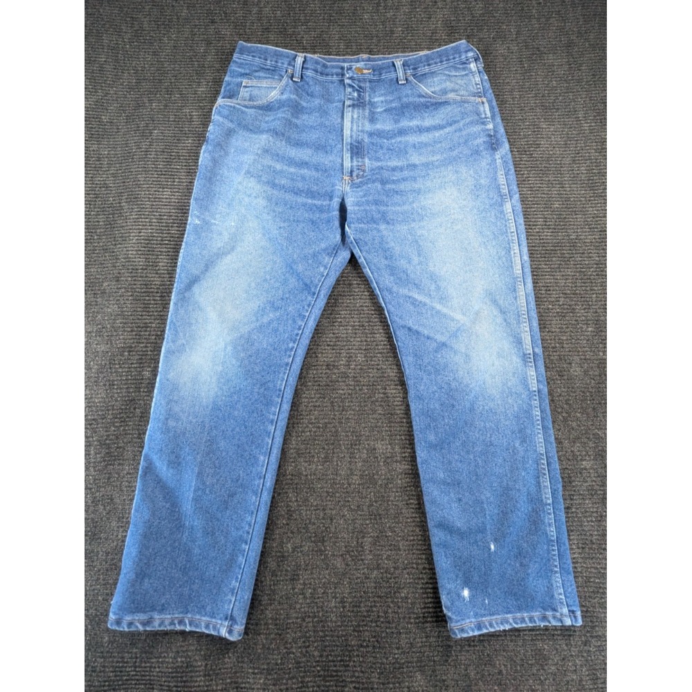 Wrangler Authentic Jeans Mens 40 Blue Whiskering Denim Distressed Straight Leg